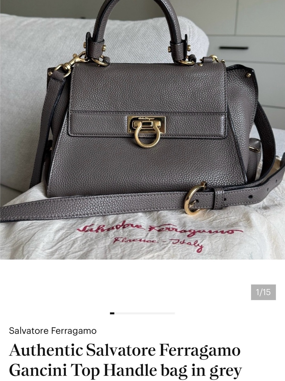Authentic Salvatore Ferragamo Gancini Top Handle bag in grey
